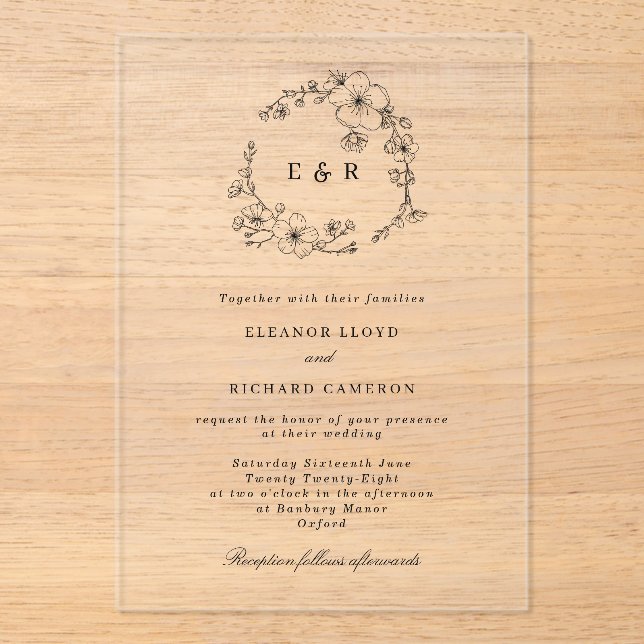 Botanical Black Floral Wreath Monogram Wedding Acrylic Invitations (Front)