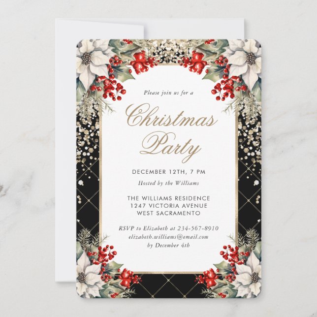 Botanical Black Gold Elegant Christmas Party Invitation (Front)