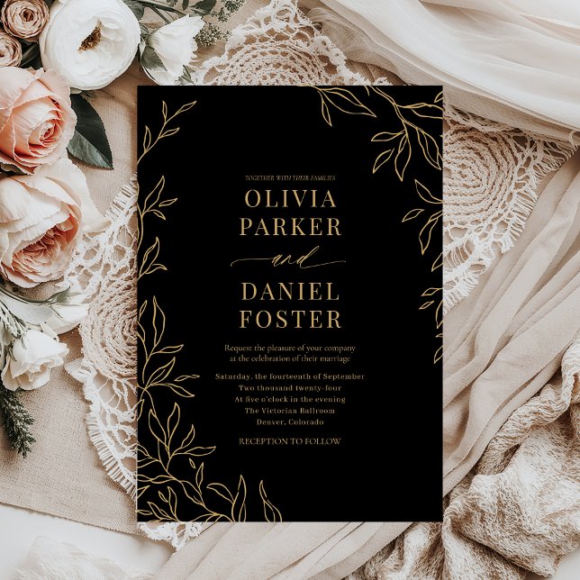 Botanical Black Gold Elegant Wedding Invitation (Creator Uploaded)