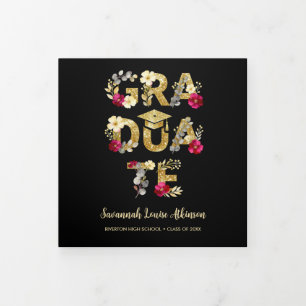 Botanical Black Gold Script 4 Photo Graduation Tri-Fold Announcement