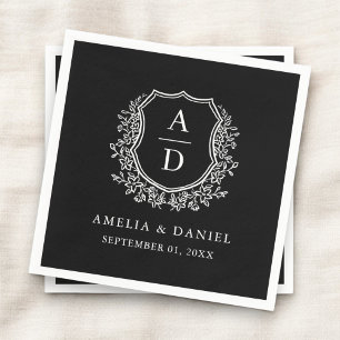 Botanical Black White Crest Wedding Monogram Napkin