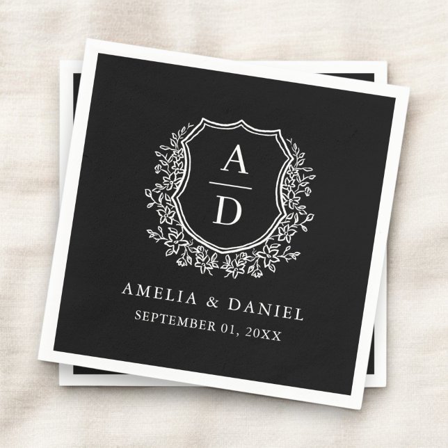 Botanical Black White Crest Wedding Monogram Napkin (Creator Uploaded)