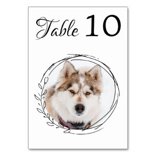 Botanical Black White Dog Wedding Modern Pet Photo Table Number