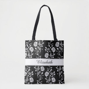 Botanical Black & White Floral Flowers Pattern Tote Bag