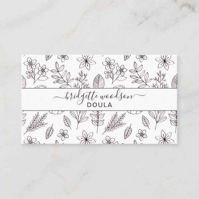 Botanical Black White Script Name Interior Design  Business Card (Front)