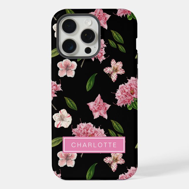 Botanical Black with Pink Flowers  iPhone Case (Back)
