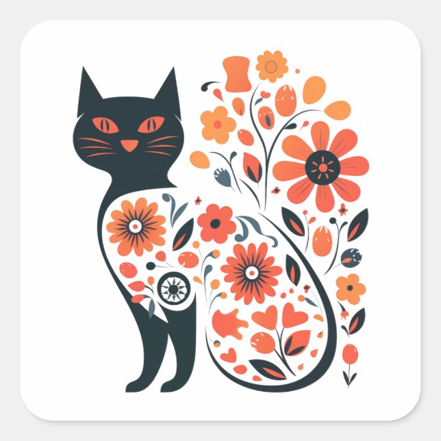 Botanical Bliss Cat Silhouette Square Sticker (Front)