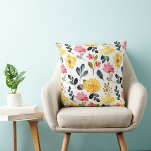 Botanical Bliss – Pink & Yellow Watercolor Flowers Cushion