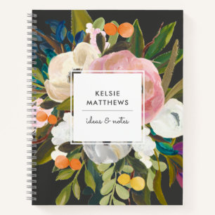 Botanical Bliss Pretty Painted Floral   Black Notebook