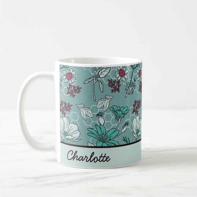 Botanical bloom floral pattern personalised name coffee mug (Left)