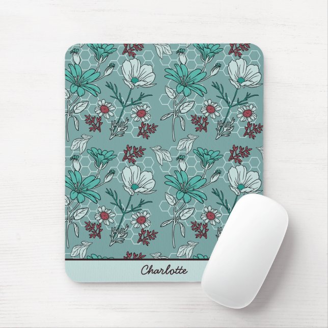 Botanical bloom floral pattern personalised name mouse pad (With Mouse)