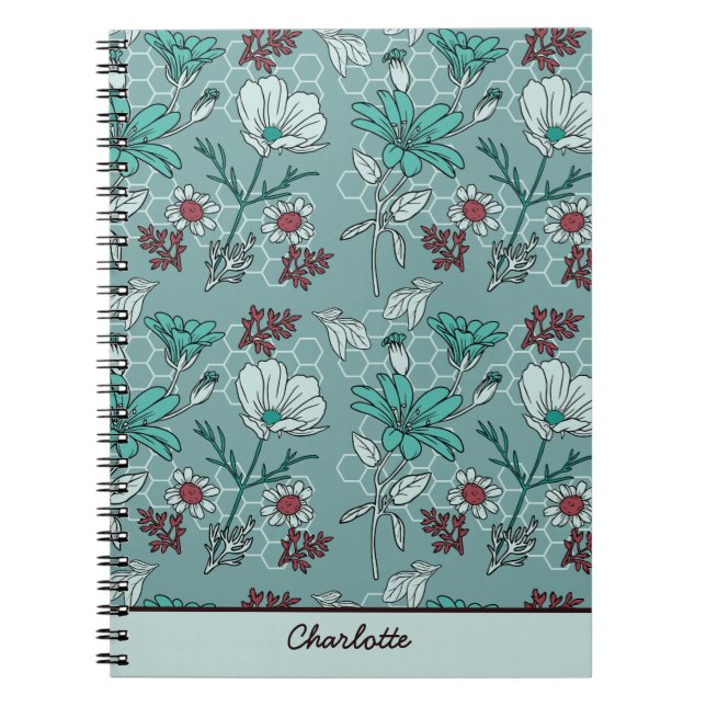 Botanical bloom floral pattern personalised name  notebook (Front)