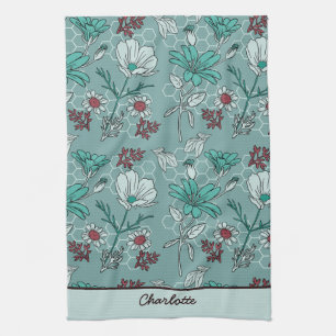 Botanical bloom floral pattern personalised name tea towel