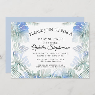 Botanical Blue and Green Leaves Watercolor Shower Invitation
