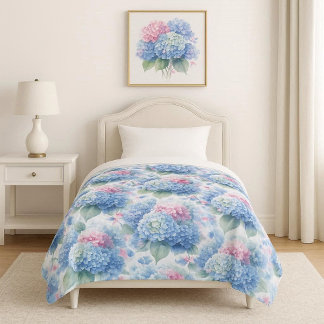 Botanical blue and pink Hydrangea Fleece Blanket