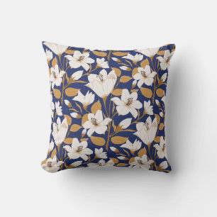 Botanical Blue Beige Lily Floral Pattern Cushion