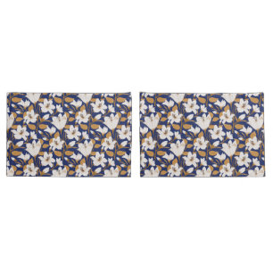 Botanical Blue Beige Lily Floral Pattern Pillowcase