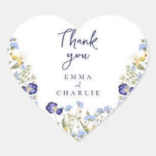 Botanical blue Boho Wildflowers Rustic wedding   Heart Sticker