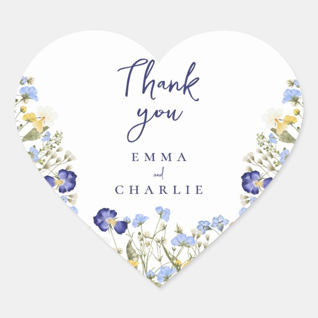Botanical blue Boho Wildflowers Rustic wedding   Heart Sticker (Front)