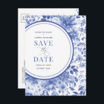 Botanical Blue Chinoiserie Wedding Save the Date Announcement Postcard<br><div class="desc">Impress your guests with this classy save the date card. The elegant chinoiserie design features botanical florals and foliage pattern in delft blue and white. Use the text fields to personalise the card with your own wording and details. If you want to change the font style, colour or text placement,...</div>
