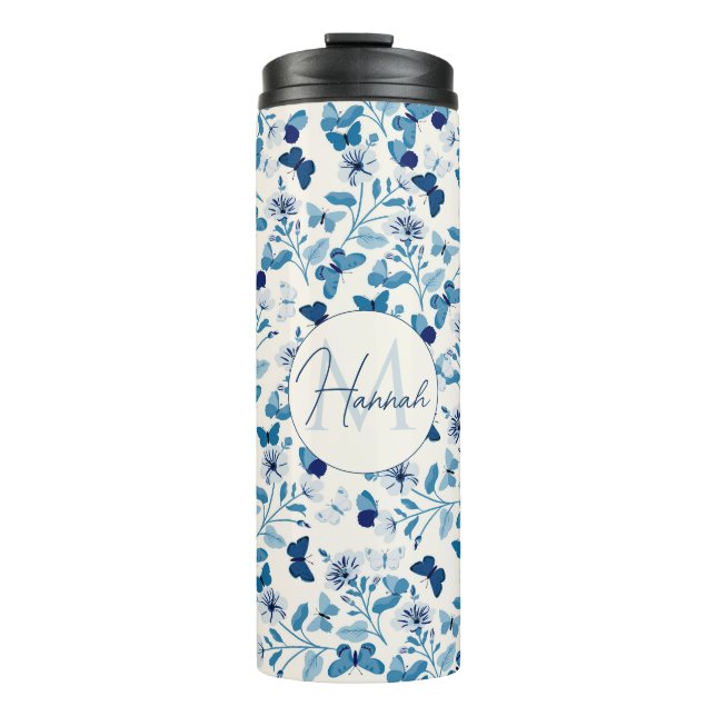 Botanical Blue Cream Flowers  and Butterflies Thermal Tumbler (Front)