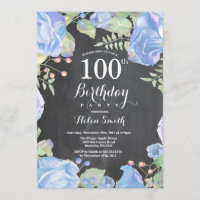 Botanical Blue Floral 100th Birthday Invitation