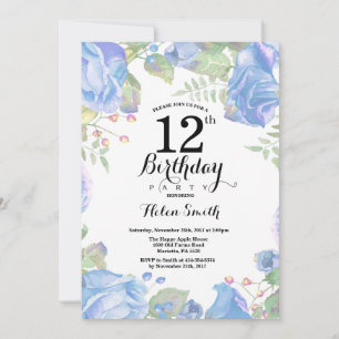 Botanical Blue Floral 12th Birthday Invitation