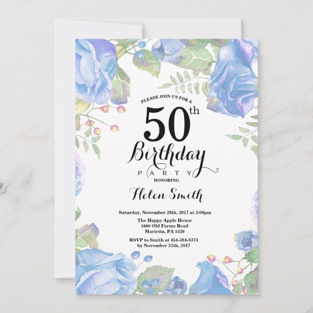 Botanical Blue Floral 50th Birthday Invitation (Front)