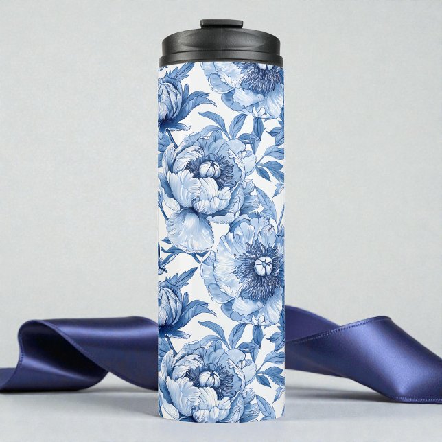Botanical Blue Floral Art Nouveau Porcelain Flower Thermal Tumbler (Botanical Blue Floral Art Nouveau Porcelain Flower Thermal Tumbler)