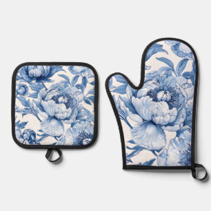 Botanical Blue Floral Delicate Porcelain Flower Oven Mitt & Pot Holder Set