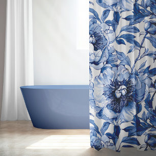 Botanical Blue Floral Delicate Porcelain Flower Shower Curtain