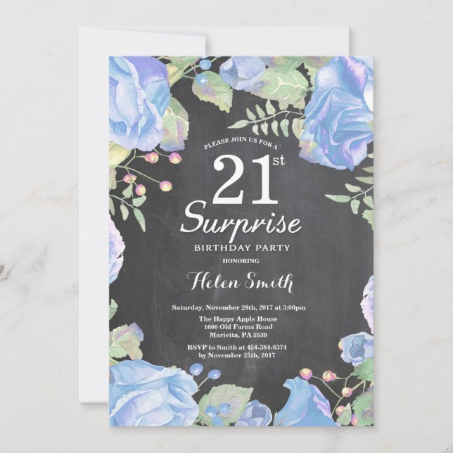 Botanical Blue Floral Surprise 21st Birthday Invitation (Front)