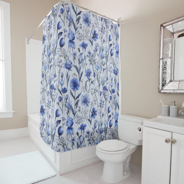 Botanical blue flowers pattern shower curtain (In Situ)