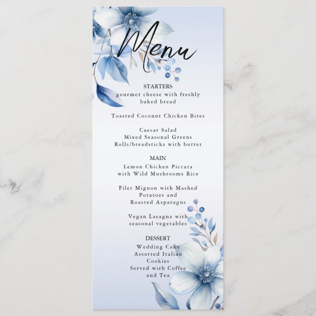 Botanical Blue Flowers Wedding Menu (Front)
