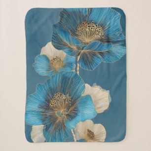 Botanical Blue Gold Line Art Poppy Floral Sherpa Blanket