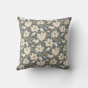 Botanical Blue Grey Beige Lily Floral Pattern Cushion