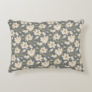Botanical Blue Grey Beige Lily Floral Pattern Decorative Cushion