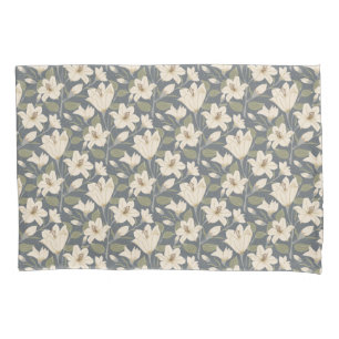 Botanical Blue Grey Beige Lily Floral Pattern Pillowcase