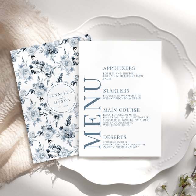 Botanical Blue Grey Floral Wedding Menu Cards (Creator Uploaded)