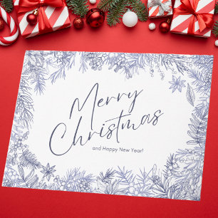 Botanical Blue Merry Christmas Illustration Card