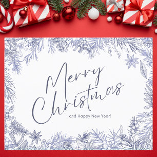 Botanical Blue Merry Christmas Illustration Holiday Postcard