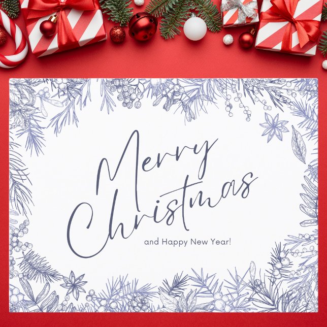 Botanical Blue Merry Christmas Illustration Postcard (Creator Uploaded)