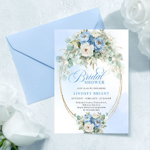 Botanical Blue Peony Eucalyptus Gold Bridal Shower Invitation