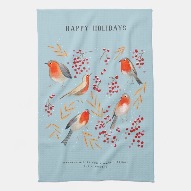 Botanical Blue red Birds Robin Christmas Holiday Tea Towel (Vertical)