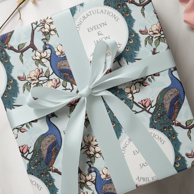 Botanical Blue Wedding Peacock & Flowers  Wrapping Paper (Elegant Hand Drawn Wedding Design with Blue Peacock Birds & Magnolia Flowers. Soft Blue Background. )