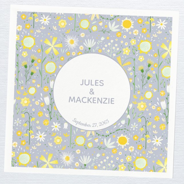 Botanical Blue Wildflower Floral Pattern Napkin (Personalized custom name and wedding date paper party napkin)