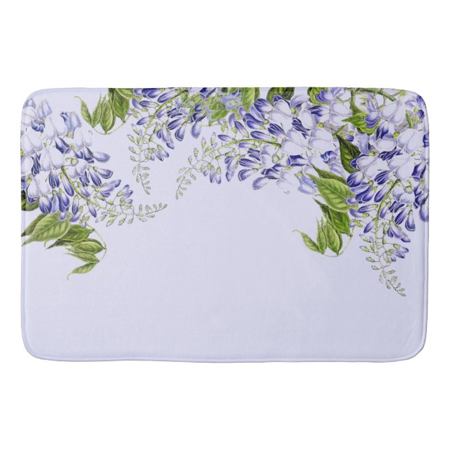 Botanical Blue Wisteria Floral Flowers Bath Mat (Front)