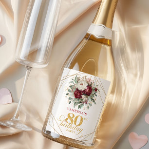 Botanical Blush Burgundy 80th Birthday Champagne Sparkling Wine Label