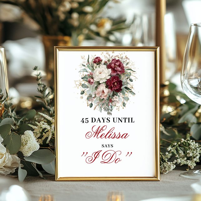 Botanical Blush Burgundy Countdown Tabletop Poster (Botanical Blush Burgundy Countdown Tabletop)