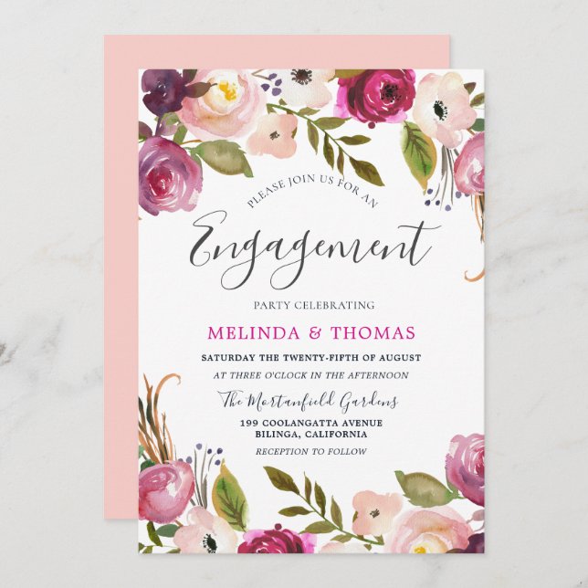Botanical Blush Floral Elegant Engagement Party Invitation (Front/Back)